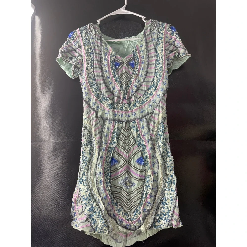 Antik Batik Mint Green Beaded Sequin Mini Dress V-Neck Boho Short Sleeve - Picture 2 of 12